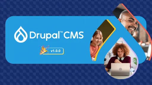 Blaue Kachel mit weißem Drupal Logo und einem Tropfensymbol gefüllt mit Fotos diverser Personen