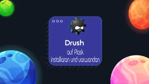 Logo mit Zahnrädchen auf lila Hintergrund, bunte Planeten im Hintergrund.