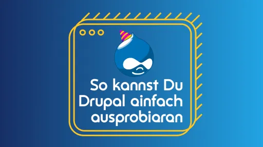 Drupal-Logo mit Partyhut auf blauem Hintergrund.