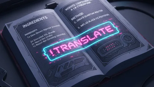 Offenes Buch mit leuchtendem "Translate"-Schriftzug, umgeben von Elektronik.