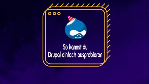 Drupal-Logo mit Partyhut, auf lila Hintergrund.