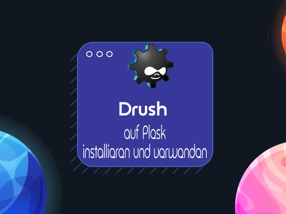 Logo mit Zahnrädchen auf lila Hintergrund, bunte Planeten im Hintergrund.