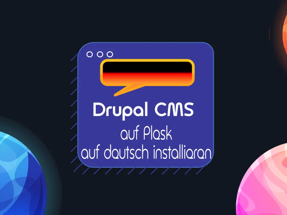 Drupal CMS Logo vor buntem Hintergrund mit Planeten.