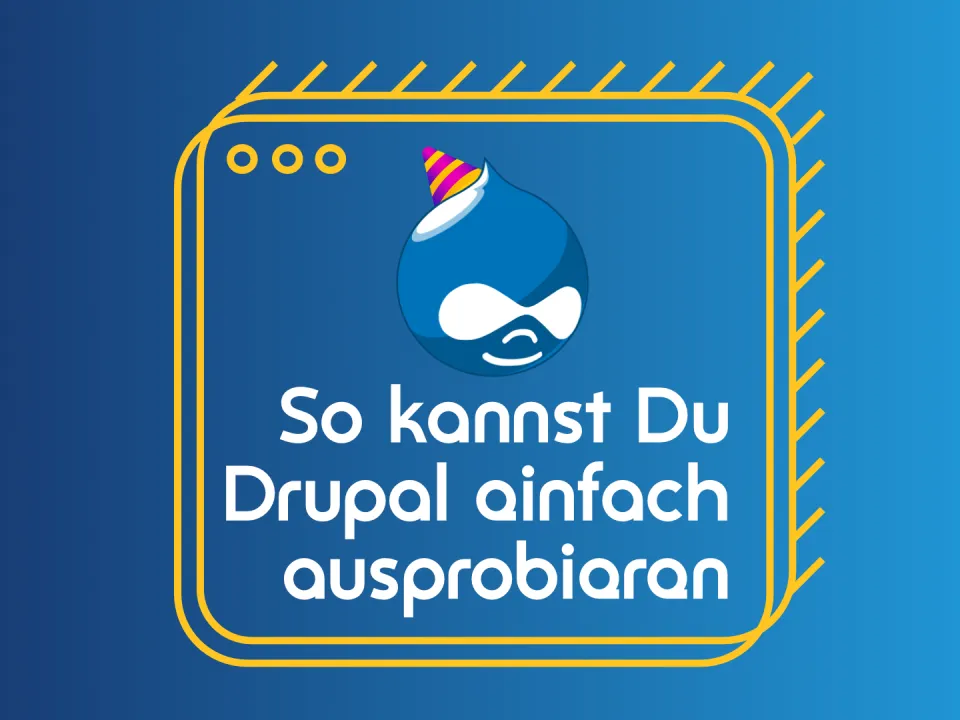 Drupal-Logo mit Partyhut auf blauem Hintergrund.